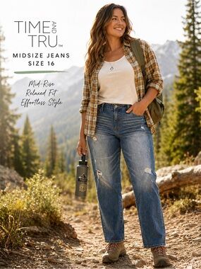 Time and Tru Mid-Rise Distressed Jeans Women’s Size 16 Medium Wash Stretch Denim